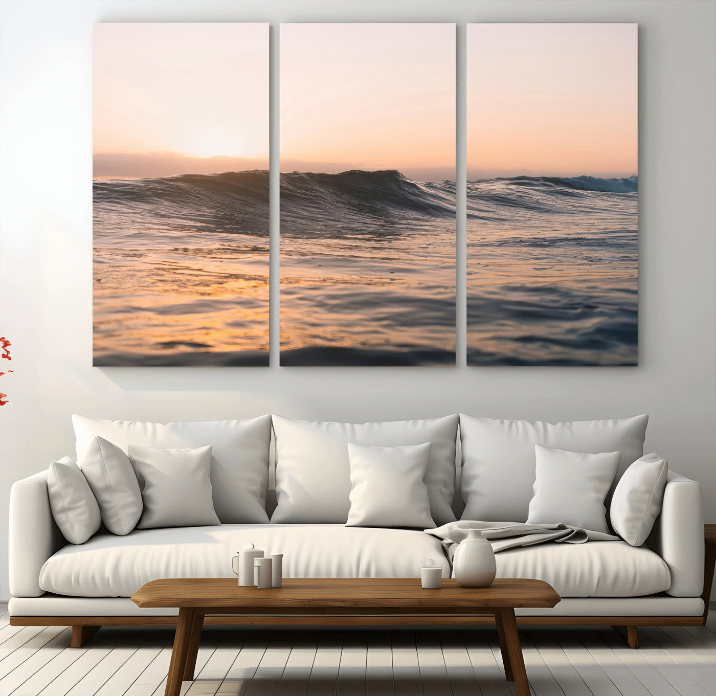 Framed canvas of ocean waves glowing in sunset light, ideal for golden hour calm or peaceful coastal-inspired wall decor.