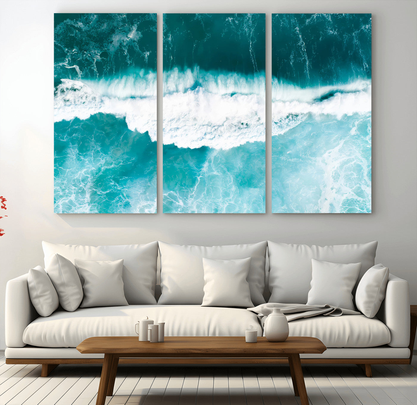 Aerial view of turquoise ocean waves crashing with white foam, perfect for tropical coastal or modern beach-style home decor.
