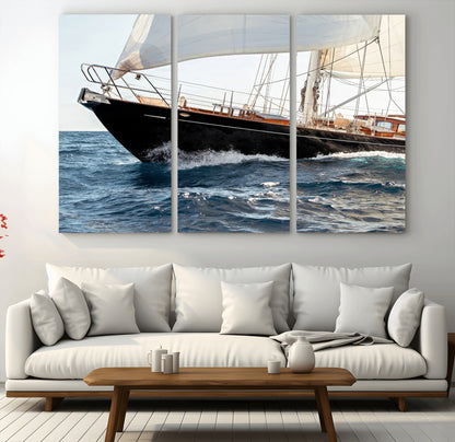 Close-up of a classic sailing yacht with wooden deck and full sails, perfect for nautical or coastal-style decor in ocean-themed spaces.