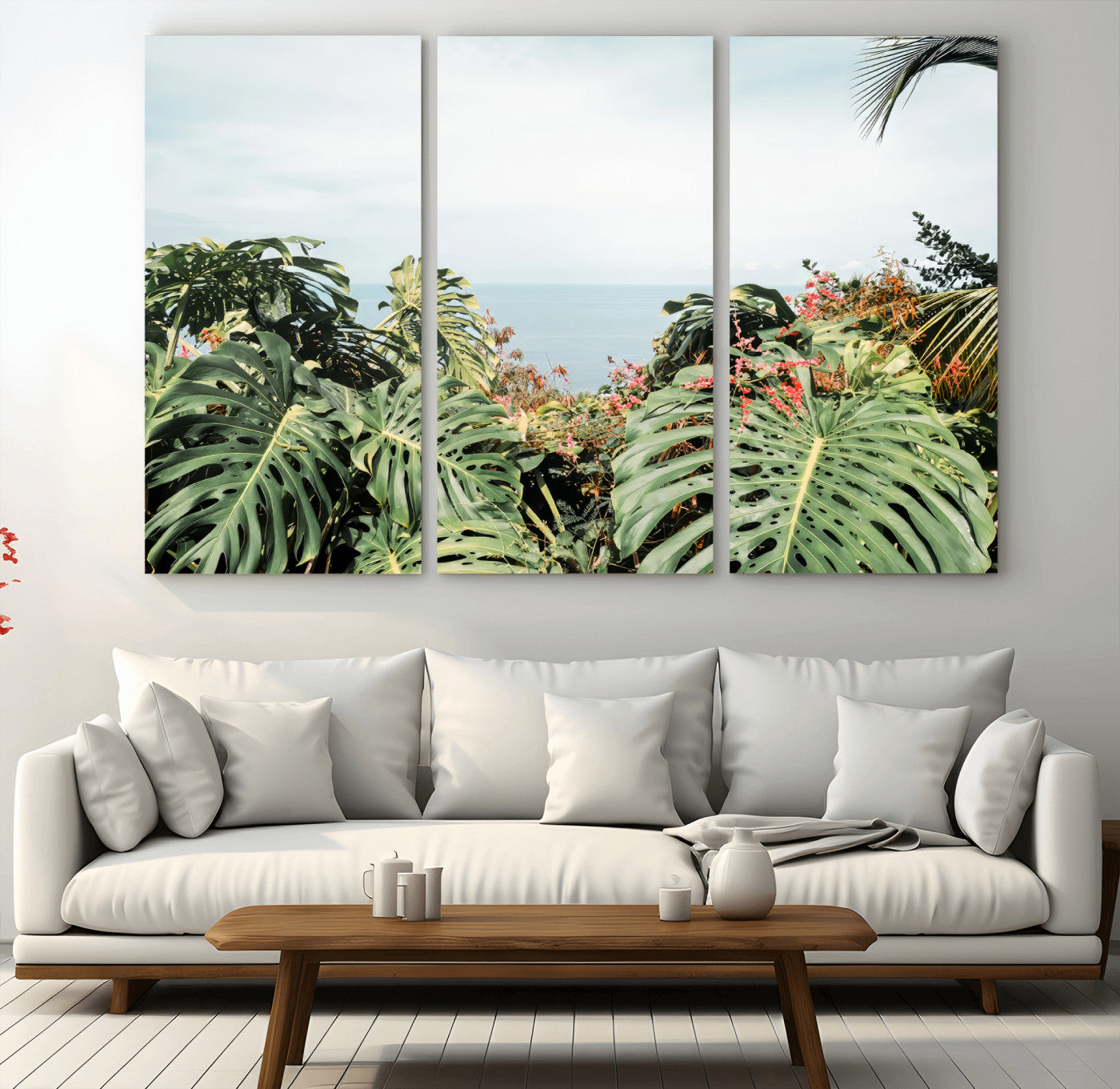 Monstera leaves and tropical flowers framing a calm ocean view, ideal for tropical coastal or exotic jungle-style interior wall decor.