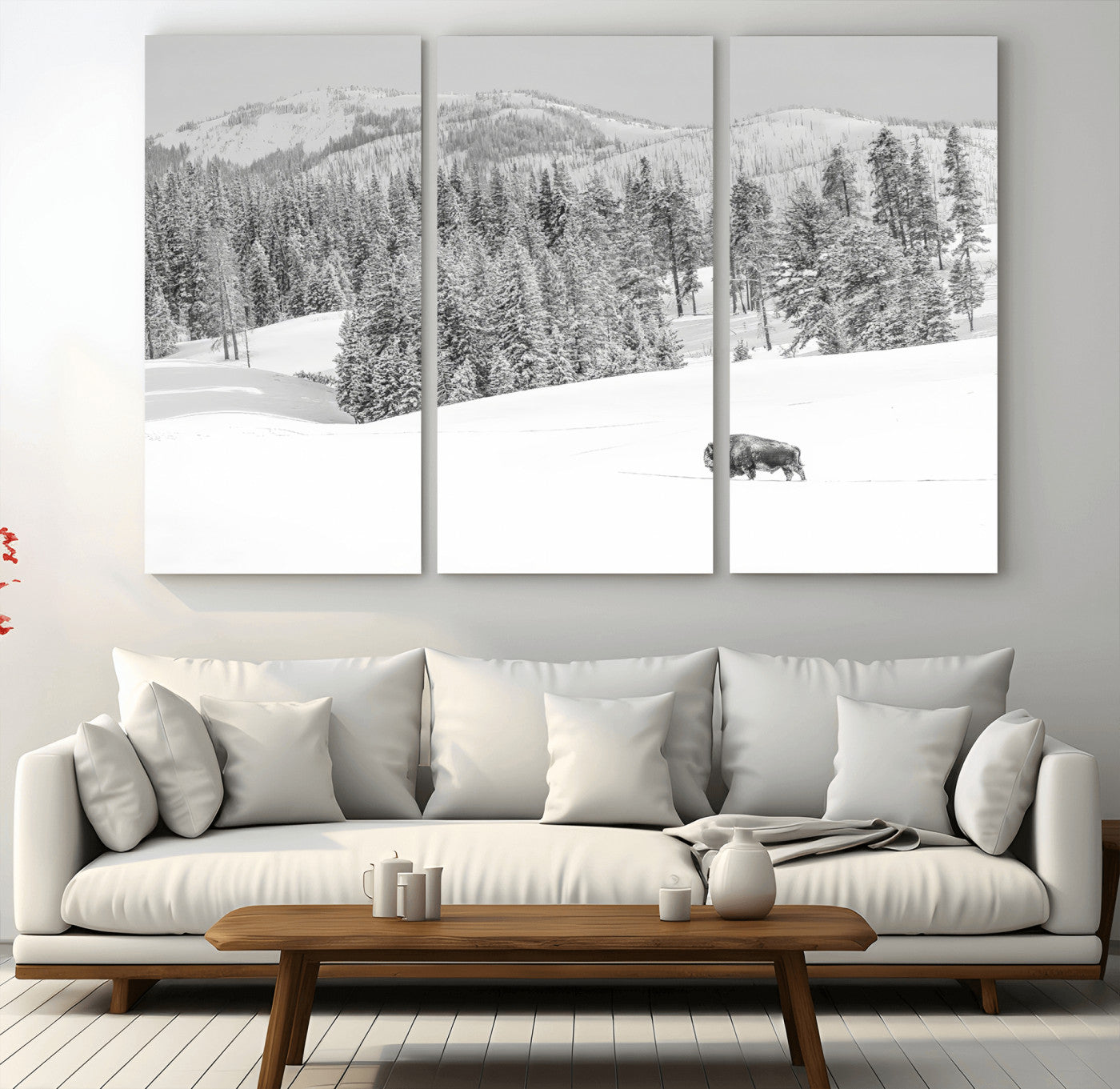 Snowy bison walking through white forest landscape, ideal for monochrome winter or wilderness-style interior wall decoration.