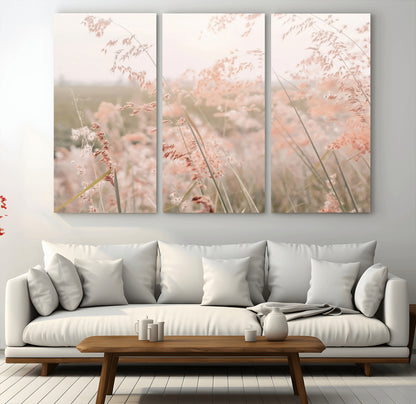 Soft pastel field with wild grasses in warm light, ideal for minimal nature or airy countryside-inspired interior wall decoration.