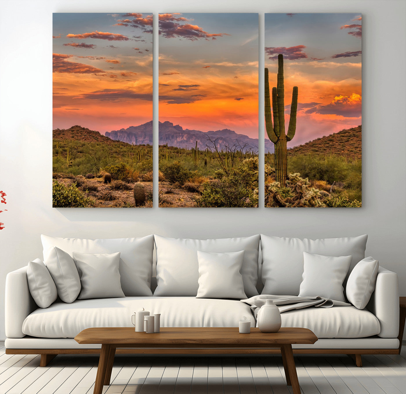 Vibrant desert sunset with saguaro cacti and distant mountains, perfect for Southwestern or warm-toned home decor.