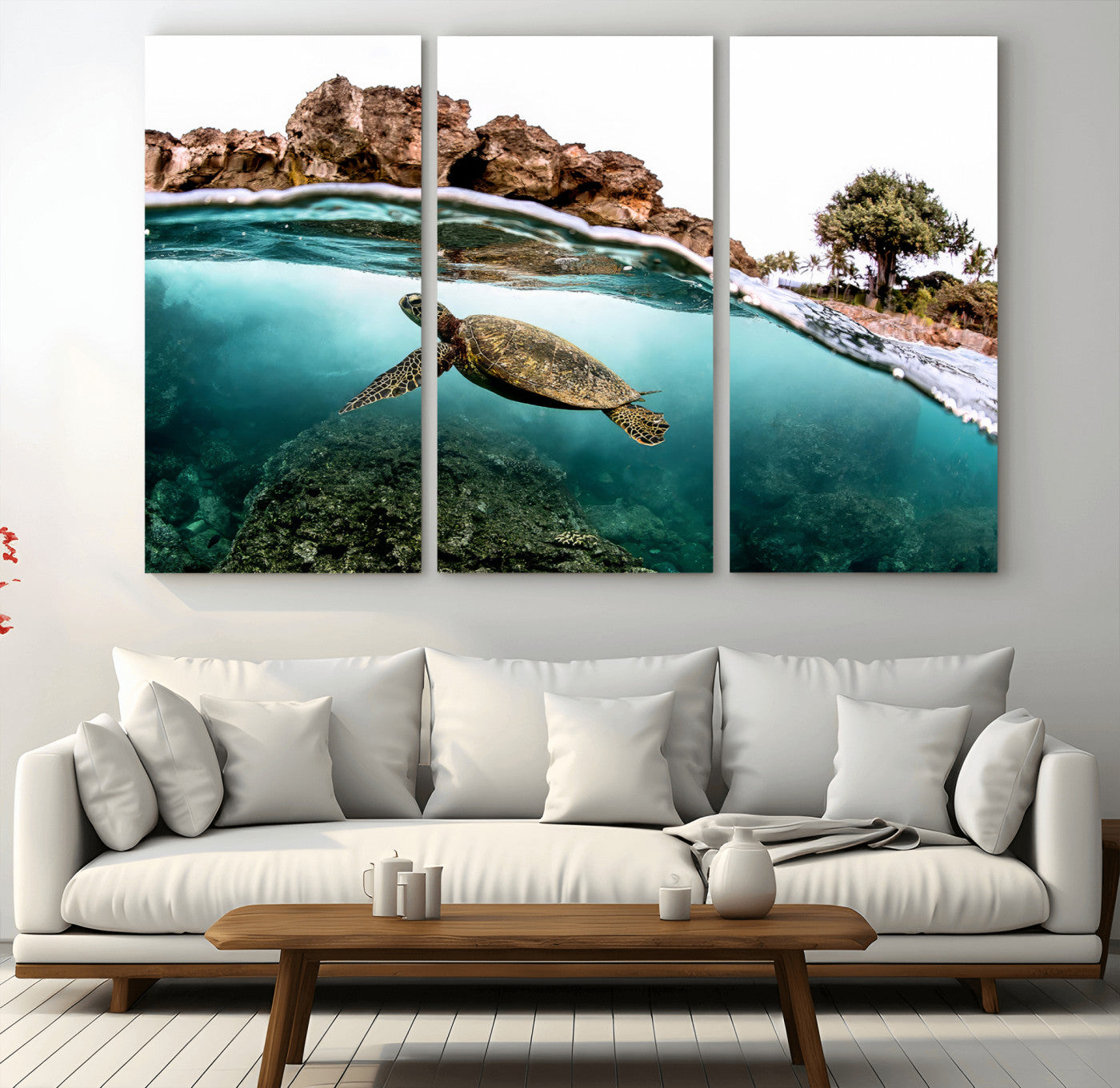 Dynamic split-view photo of a sea turtle swimming near rocky shores, perfect for vibrant coastal or tropical beach home decor.