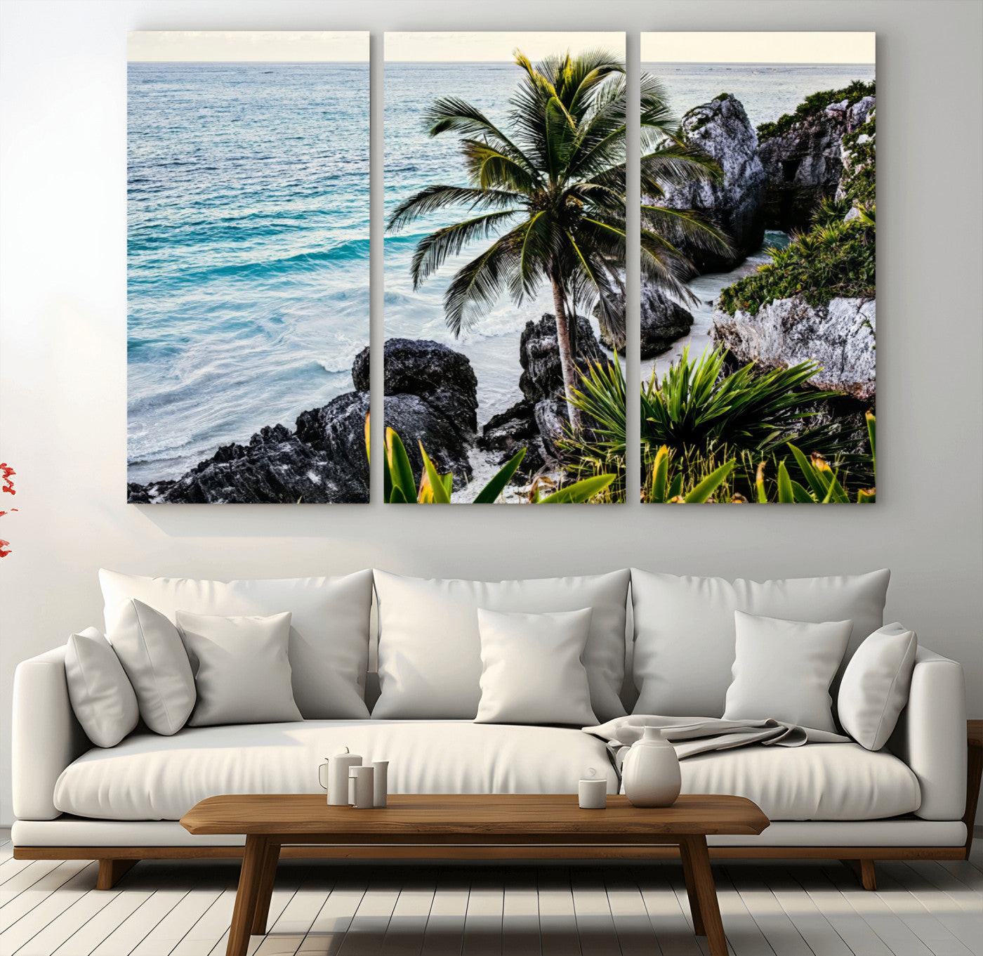 Framed canvas of a vibrant tropical coastline with palm trees, rocky cliffs, and turquoise waters, ideal for tropical coastal home decor.