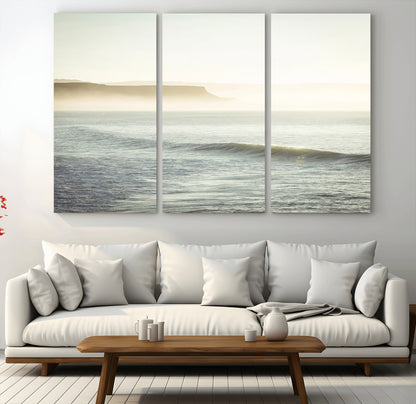 Canvas of a misty ocean scene with coastal cliffs and soft neutral tones, ideal for Scandinavian coastal or minimalist nature-inspired home decor.