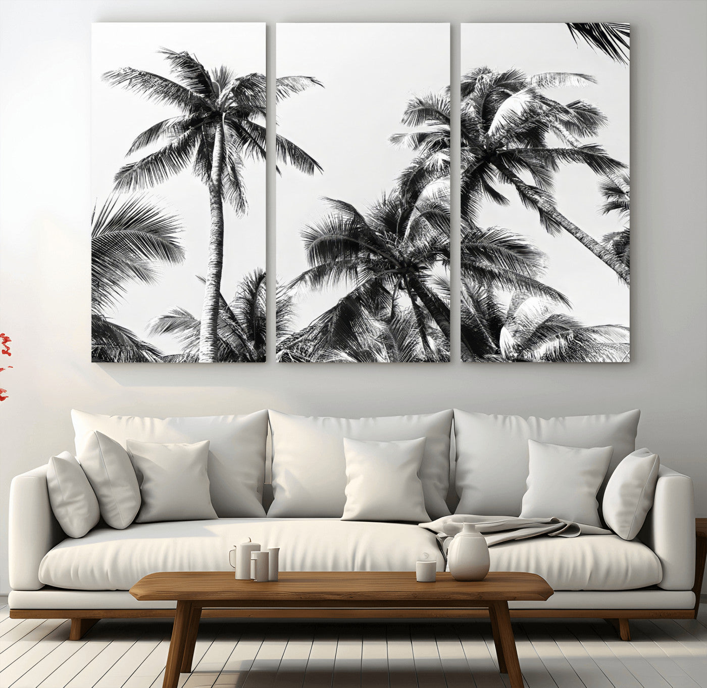 Black and white canvas of tall palm trees in moody tones, perfect for modern tropical minimalist or coastal-style home decor.