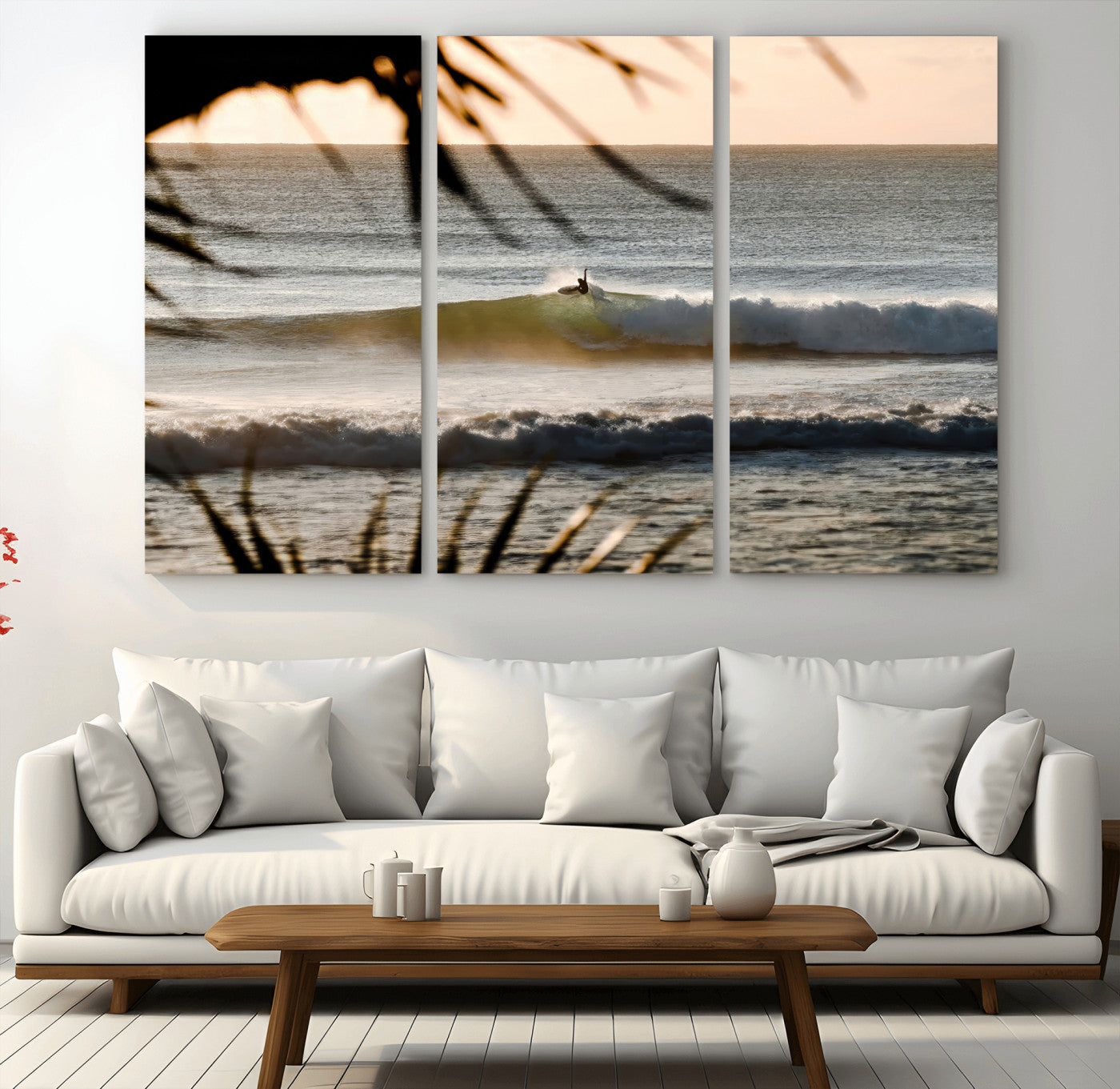 Photo of a surfer riding a golden hour wave at sunset, with tropical tones and dreamy light, perfect for tropical boho or coastal home decor.