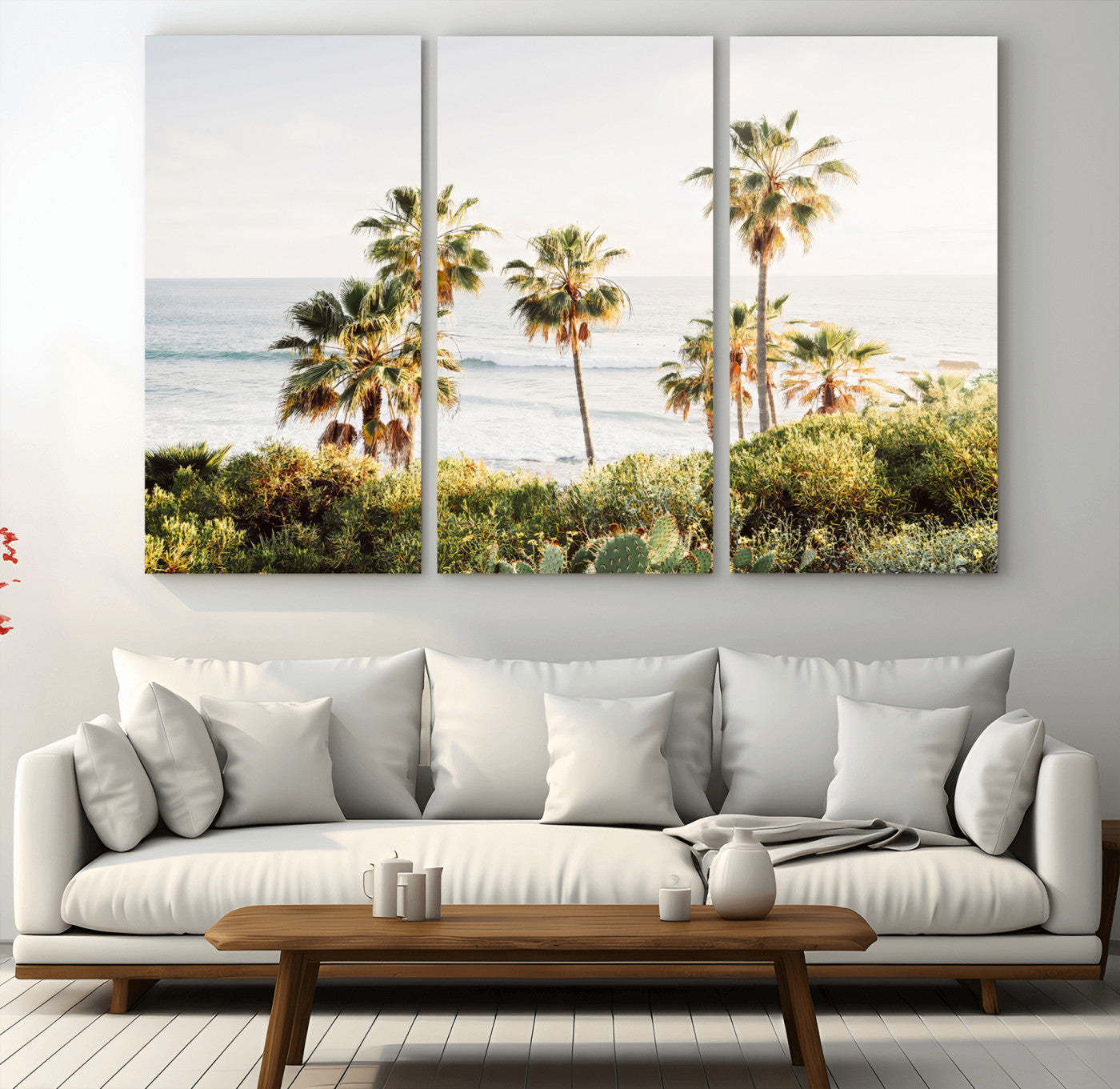 Framed print of sunlit palm trees on the California coast with warm tones, perfect for coastal minimalist or beach-style home decor.