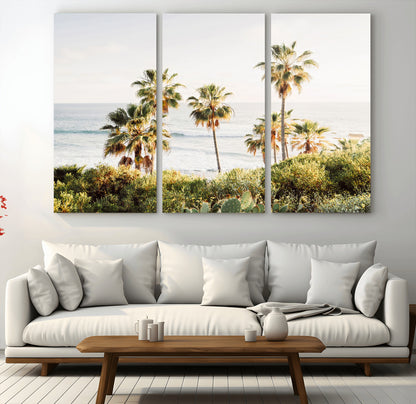 Framed print of sunlit palm trees on the California coast with warm tones, perfect for coastal minimalist or beach-style home decor.