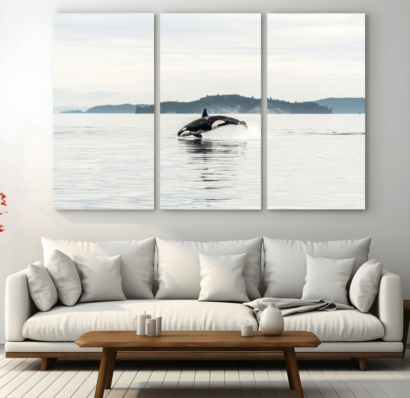 An orca jumping out of calm ocean waters with a misty island in the background, creating a serene and minimalist marine wildlife scene.