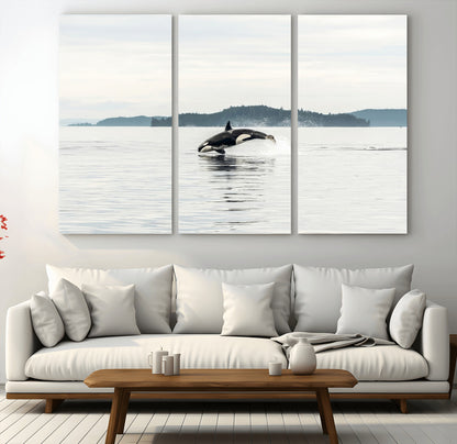 An orca jumping out of calm ocean waters with a misty island in the background, creating a serene and minimalist marine wildlife scene.