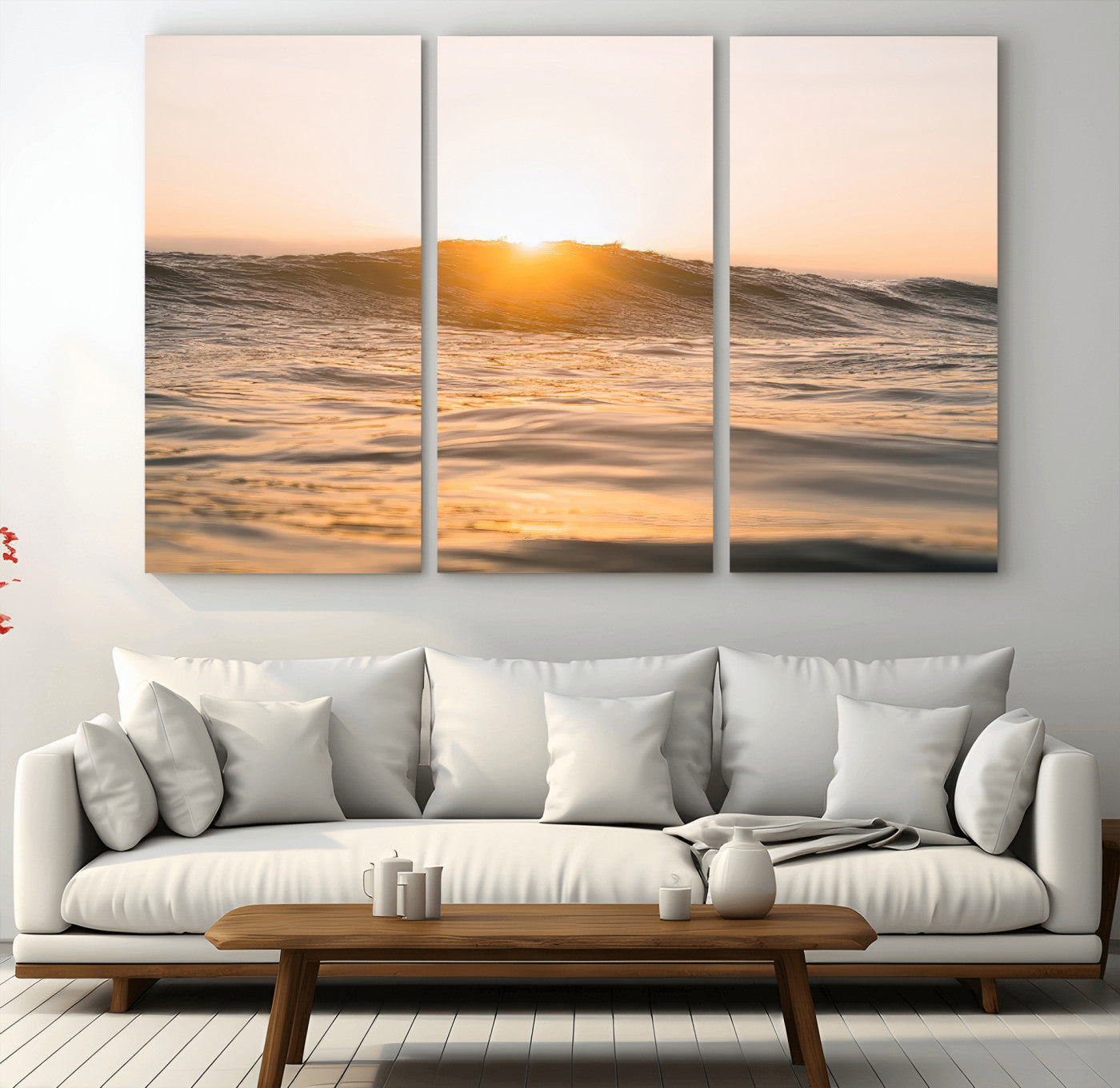 Ocean waves glowing under a warm golden sunset, reflecting soft light and calm movement, perfect for warm minimalist coastal interiors.