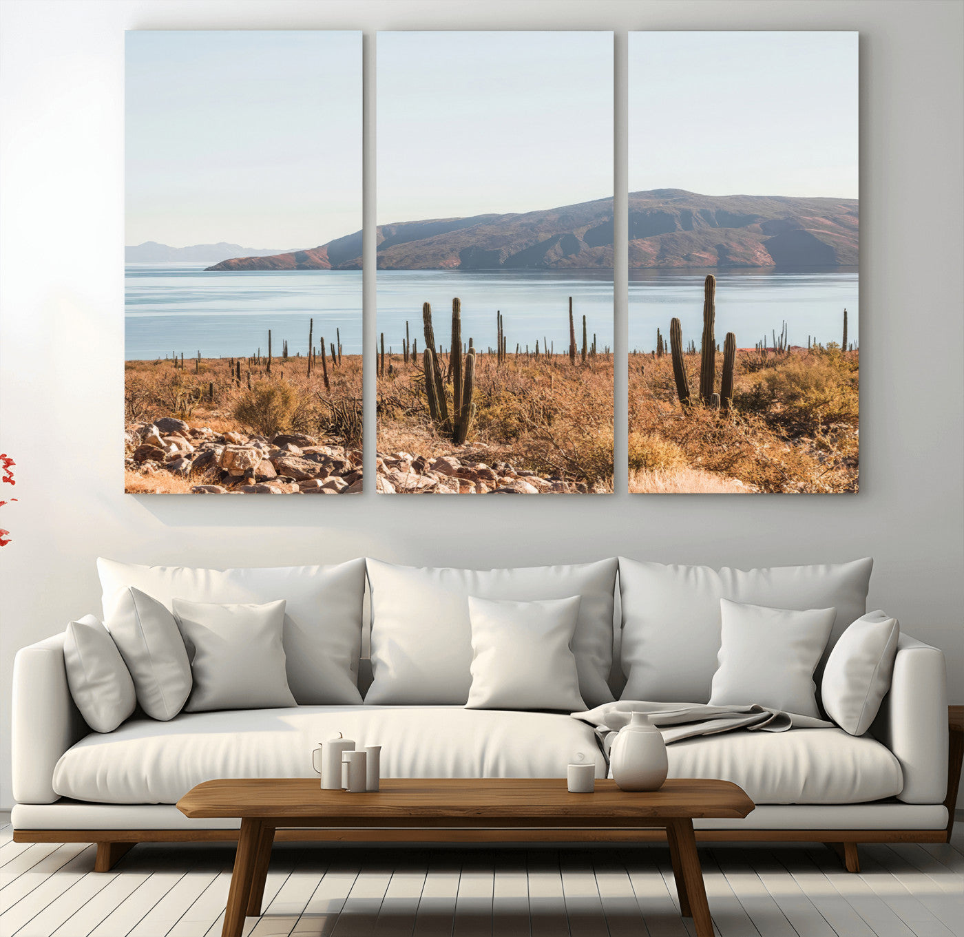 Warm desert landscape with cacti and coastal mountains, perfect for southwestern or earthy calm-themed home wall decor.