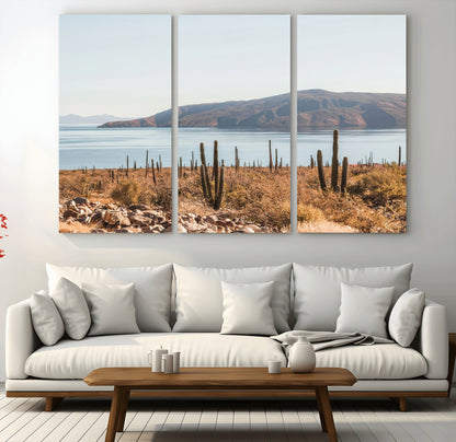 Warm desert landscape with cacti and coastal mountains, perfect for southwestern or earthy calm-themed home wall decor.