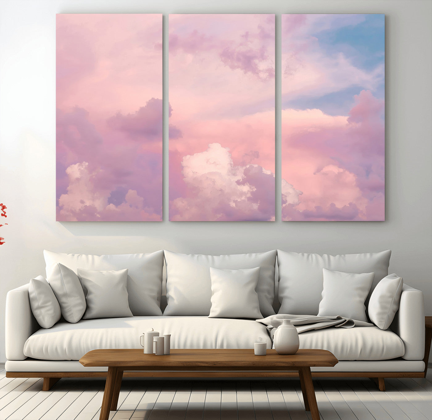 Soft pastel-colored clouds in shades of pink, purple, and blue, creating a dreamy and serene sky perfect for a calming decor touch.
