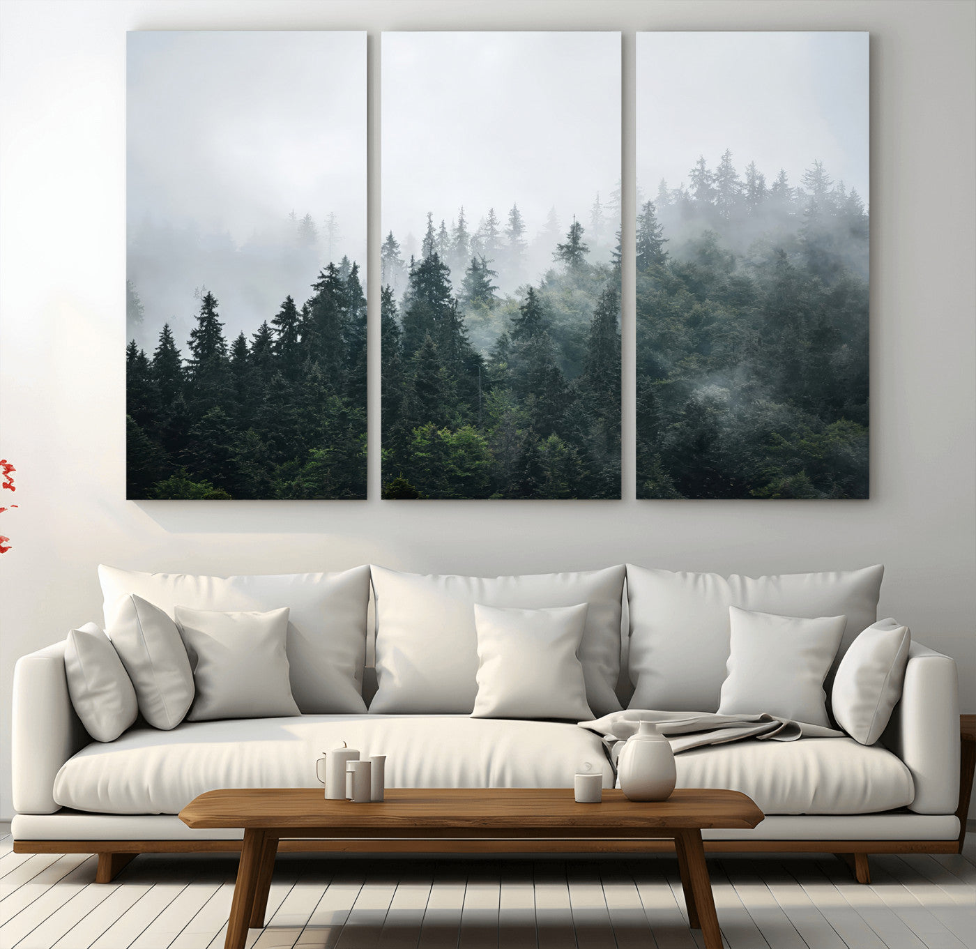 A misty evergreen forest shrouded in soft fog, creating a tranquil and moody landscape with lush green trees fading into the distance.