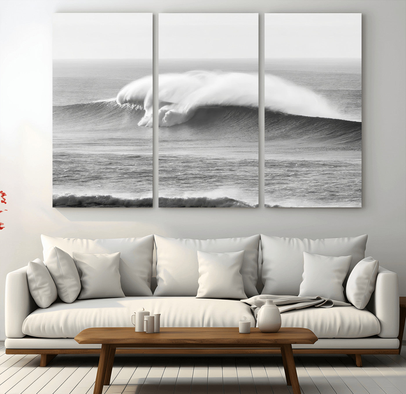 A dramatic black and white ocean wave crashing with immense force, capturing the raw power and movement of the sea in a bold seascape.