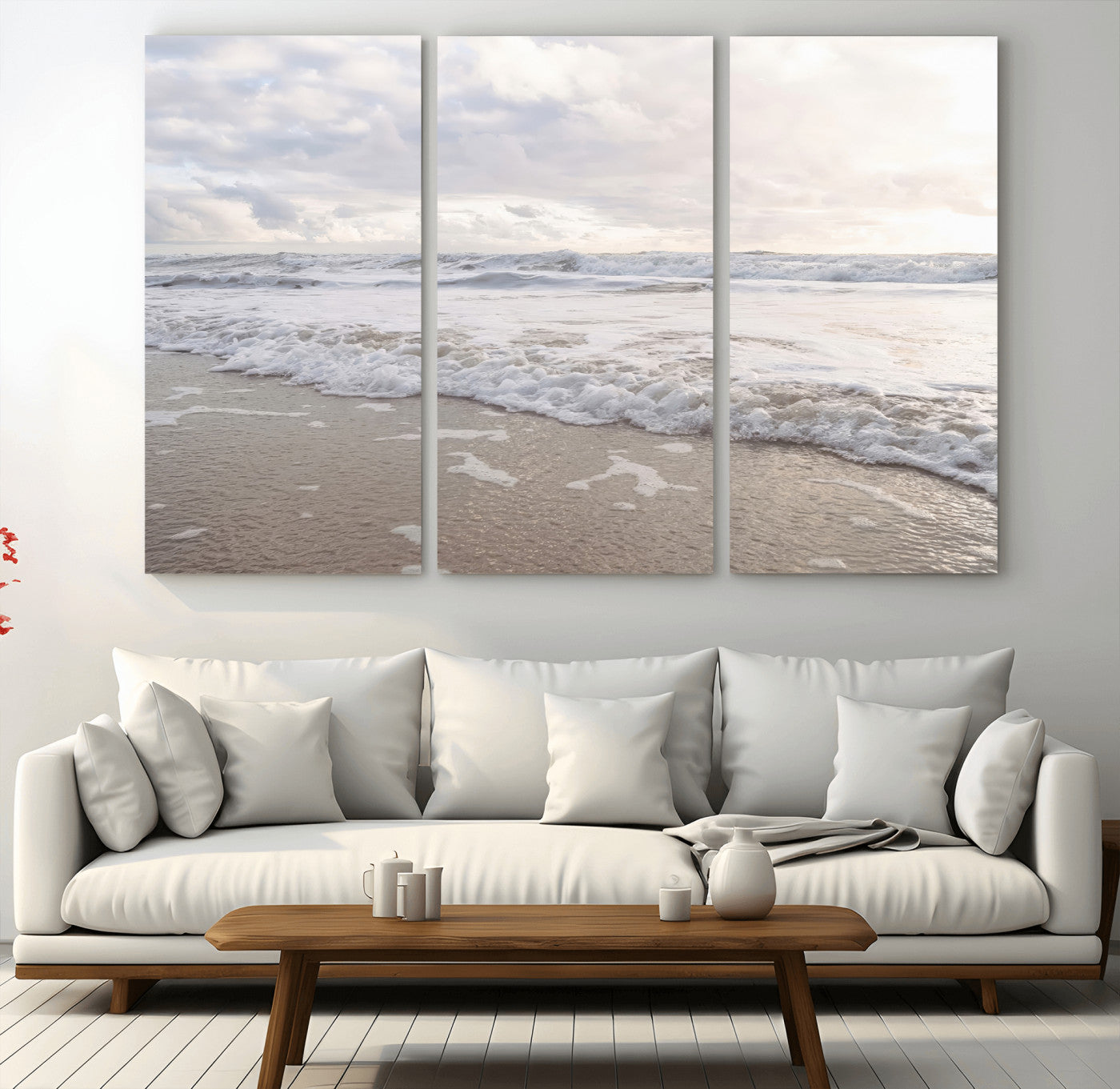 Peaceful ocean waves rolling onto the sandy shore under soft light, perfect for neutral or coastal minimalist decor themes.