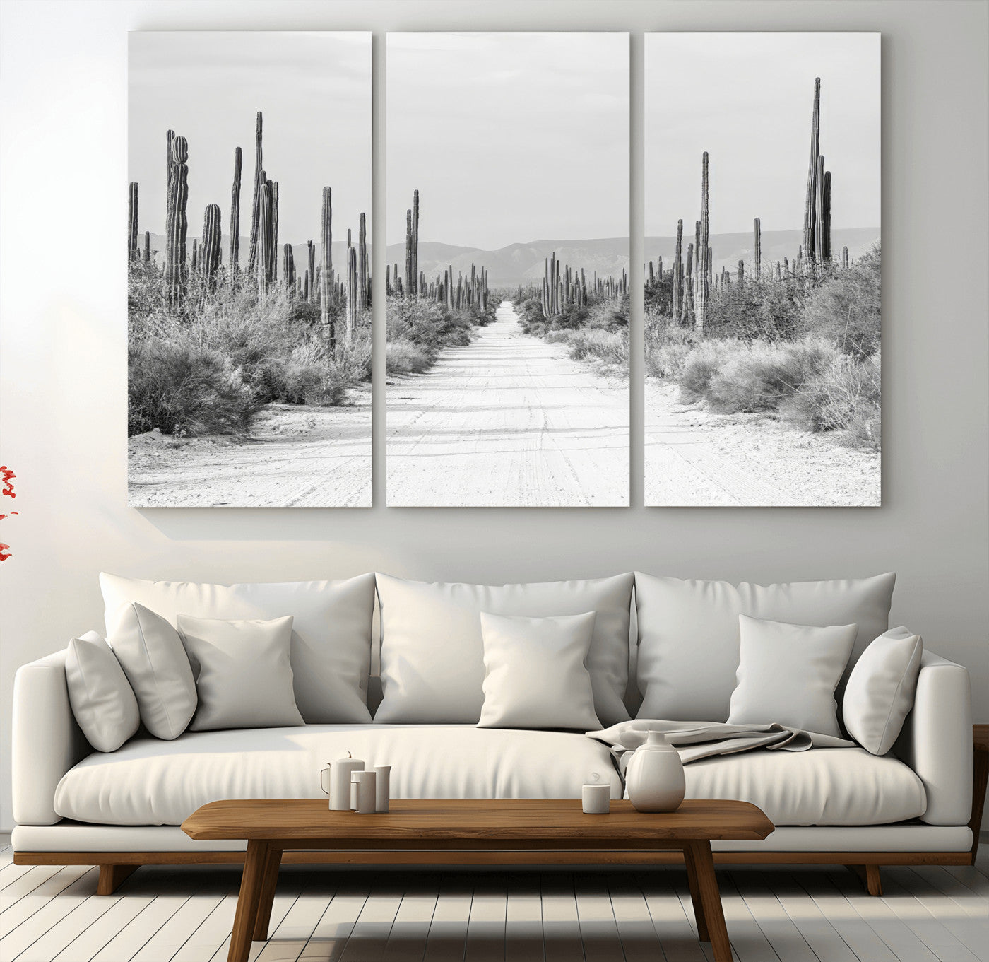 A black and white desert road stretching through a cactus-filled landscape, creating a rugged and timeless southwestern aesthetic with a sense of adventure.