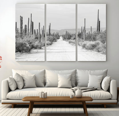 A black and white desert road stretching through a cactus-filled landscape, creating a rugged and timeless southwestern aesthetic with a sense of adventure.