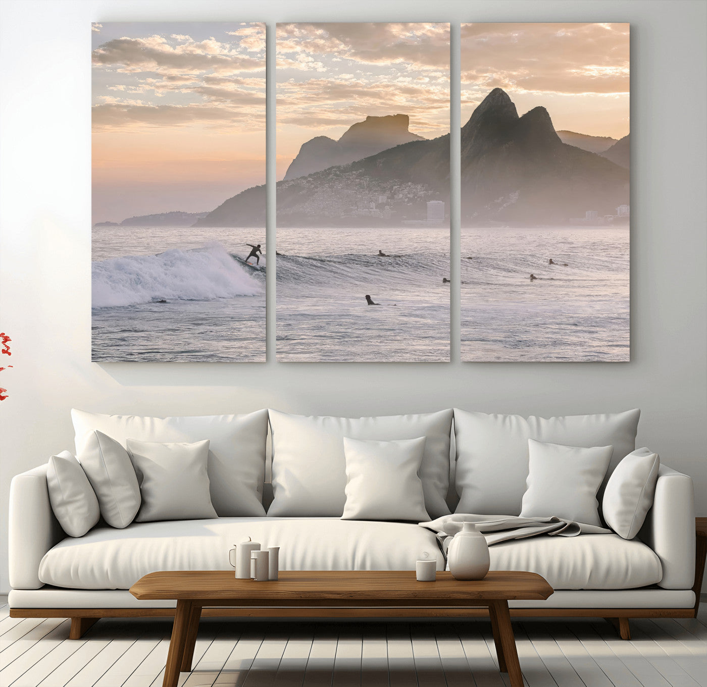 A surfer rides a golden hour wave near misty coastal mountains, surrounded by fellow surfers, capturing the spirit of a coastal adventure.
