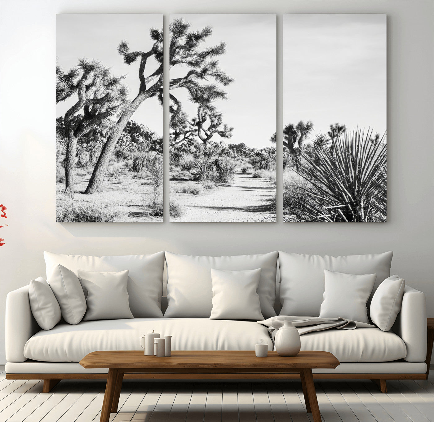 Canvas of a Joshua Tree forest in black and white tones, featuring a desert path and spiky vegetation, ideal for minimalist or rustic decor.