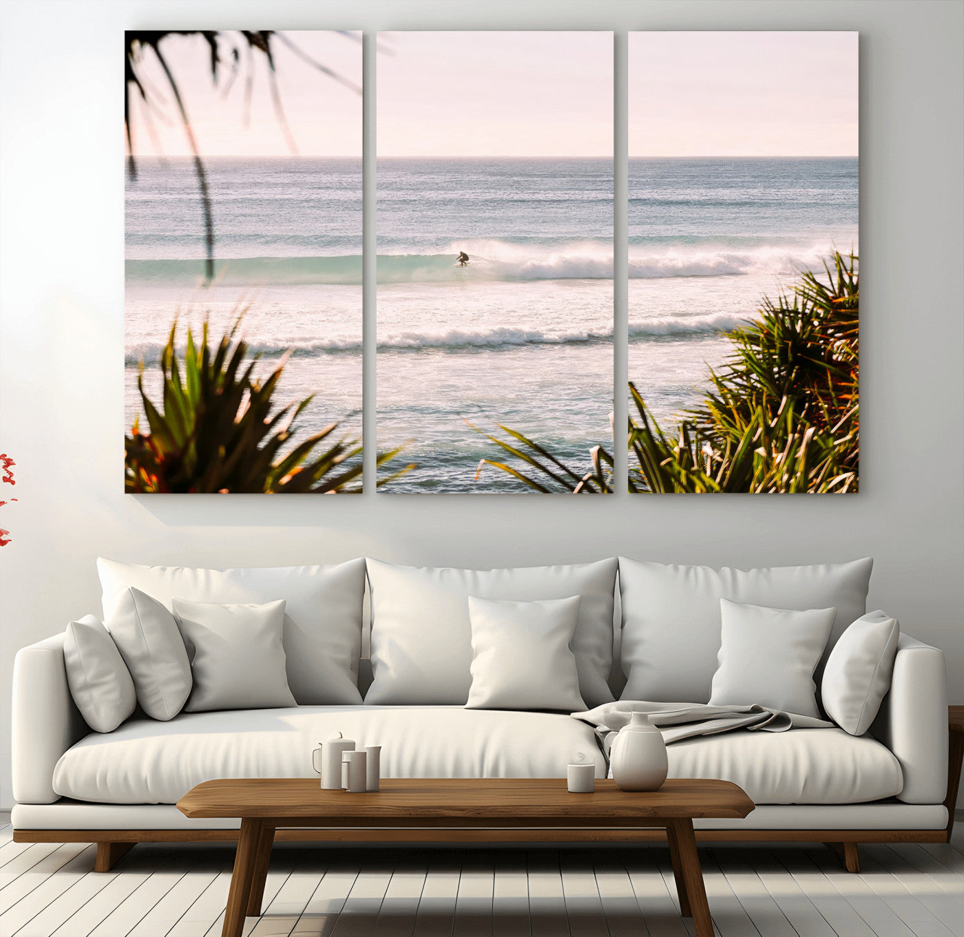 Canvas of a lone surfer riding a pastel wave at sunrise, perfect for tropical or coastal-themed spaces with a relaxed, airy vibe.