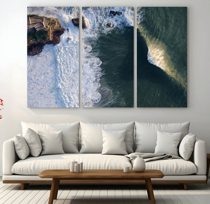 Canvas showing an aerial view of crashing waves along the Nazaré coastline, perfect for dramatic coastal or ocean-themed home decor.