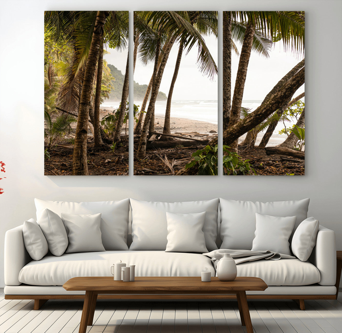 Dense tropical palm trees framing a sandy beach and ocean shore, ideal for jungle or coastal themed interior wall decor.