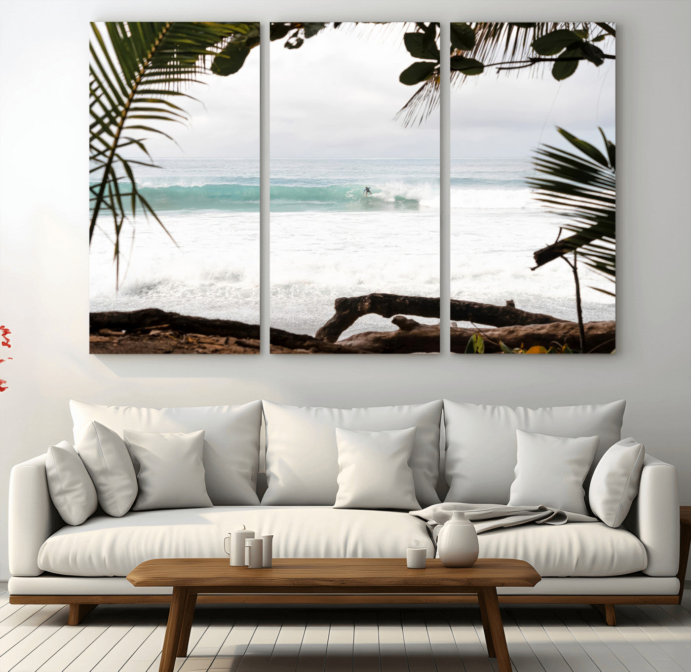 Tropical beach view with palm trees and surfer riding a wave, perfect for boho or coastal-inspired interior wall decor.
