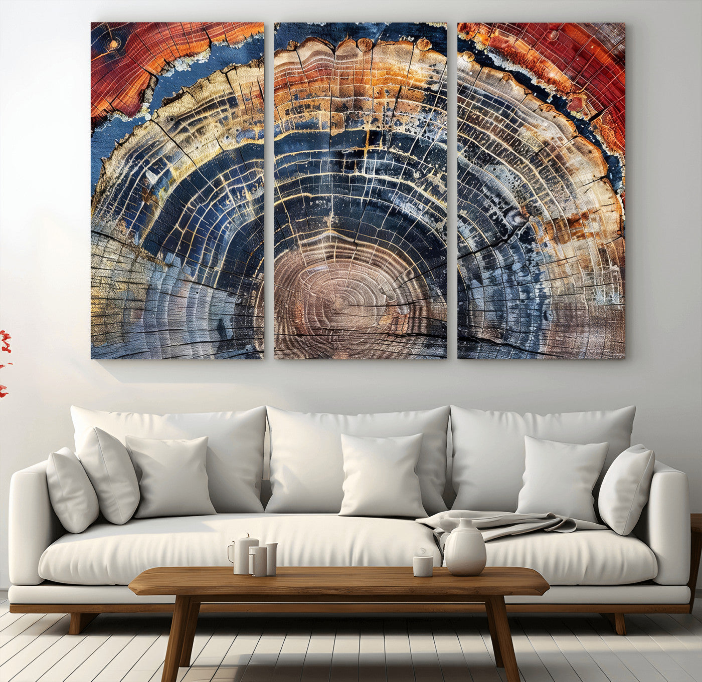Vibrant tree ring with orange, brown, and blue tones in abstract detail, perfect for rustic or boho-inspired wall decor.