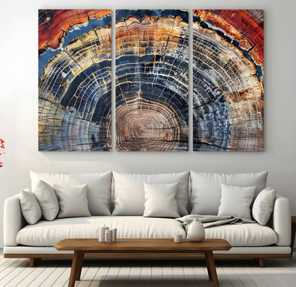 Vibrant tree ring with orange, brown, and blue tones in abstract detail, perfect for rustic or boho-inspired wall decor.