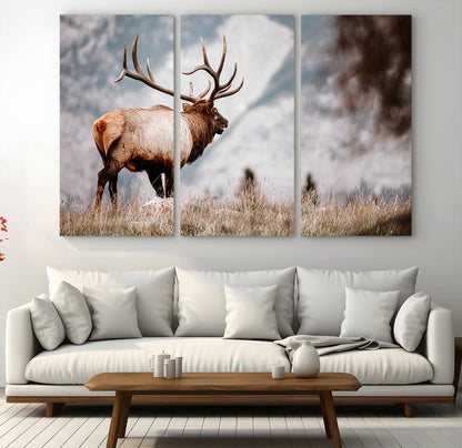 Majestic elk with large antlers standing in grass with snowy mountains in background, perfect for rustic cabin or lodge style decor.