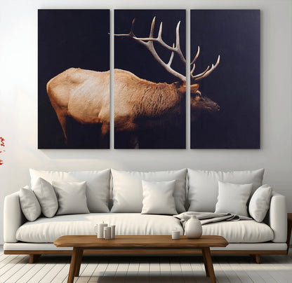 Side view of a majestic elk with large antlers against dark background, perfect for rustic lodge or cabin style home decoration.