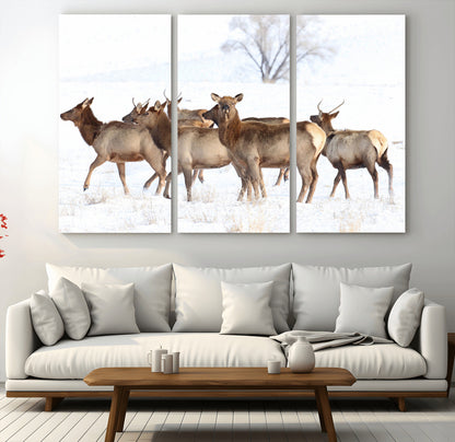 A group of elk standing on snowy terrain with a tree in the background, perfect for rustic or lodge-style winter wall decor.