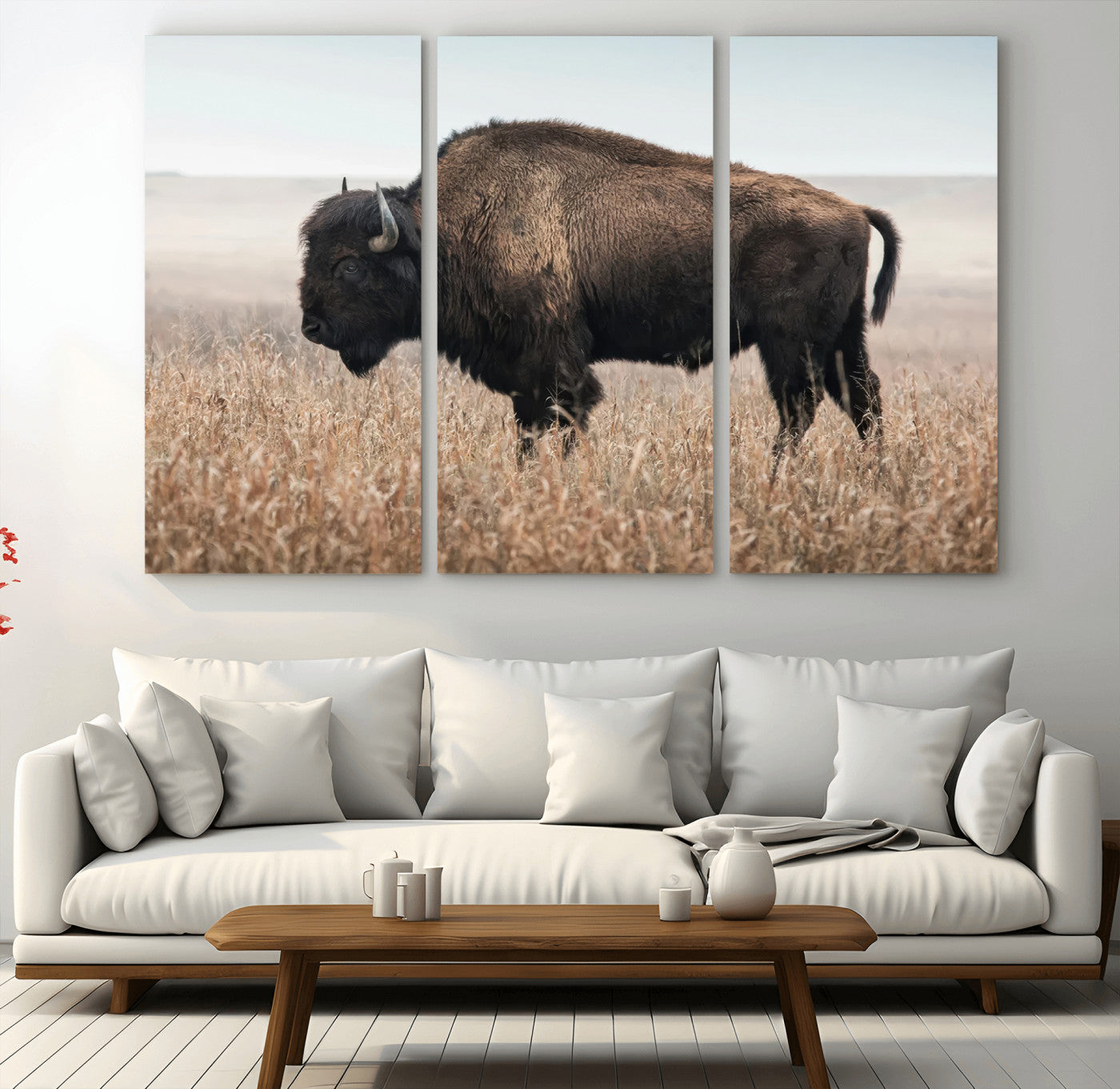 A lone bison stands in a vast prairie under a soft sky, evoking freedom and rustic charm for western or farmhouse inspired interiors.