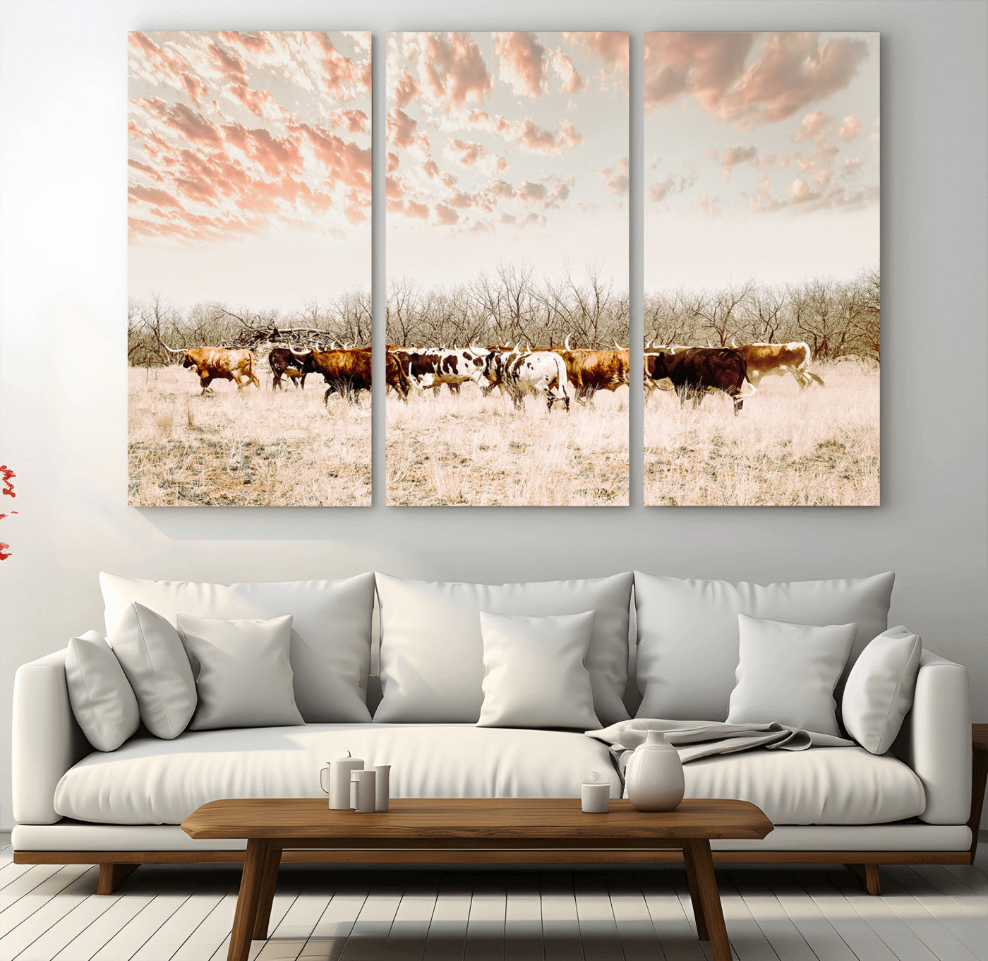 Cattle herd in a soft-toned field under a pastel pink sky, creating a peaceful rustic feel, perfect for farmhouse or western-themed spaces.