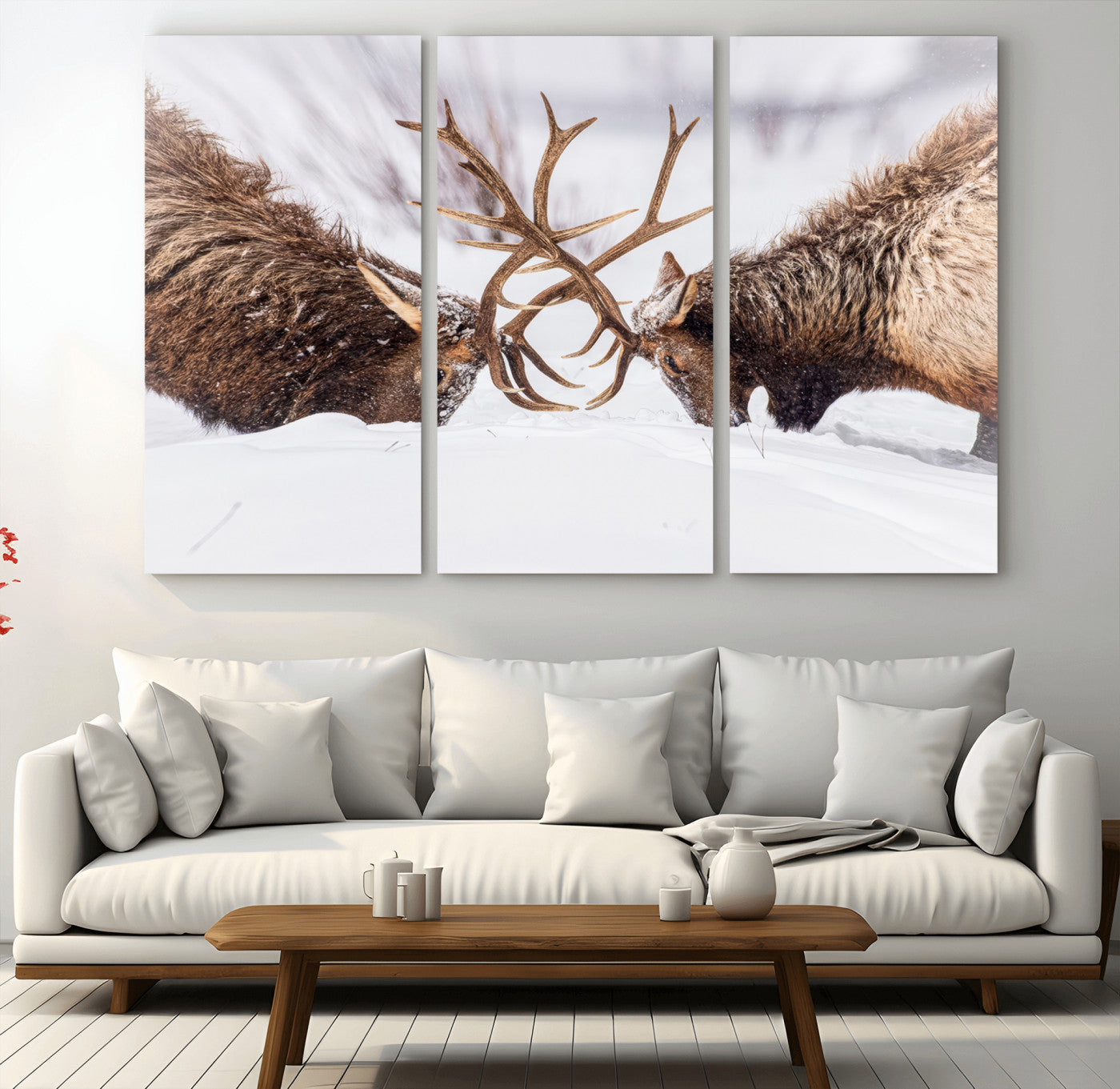 Two elk clashing antlers in a snowy forest, capturing raw power and wild energy, ideal for rustic cabin or lodge-style decor.