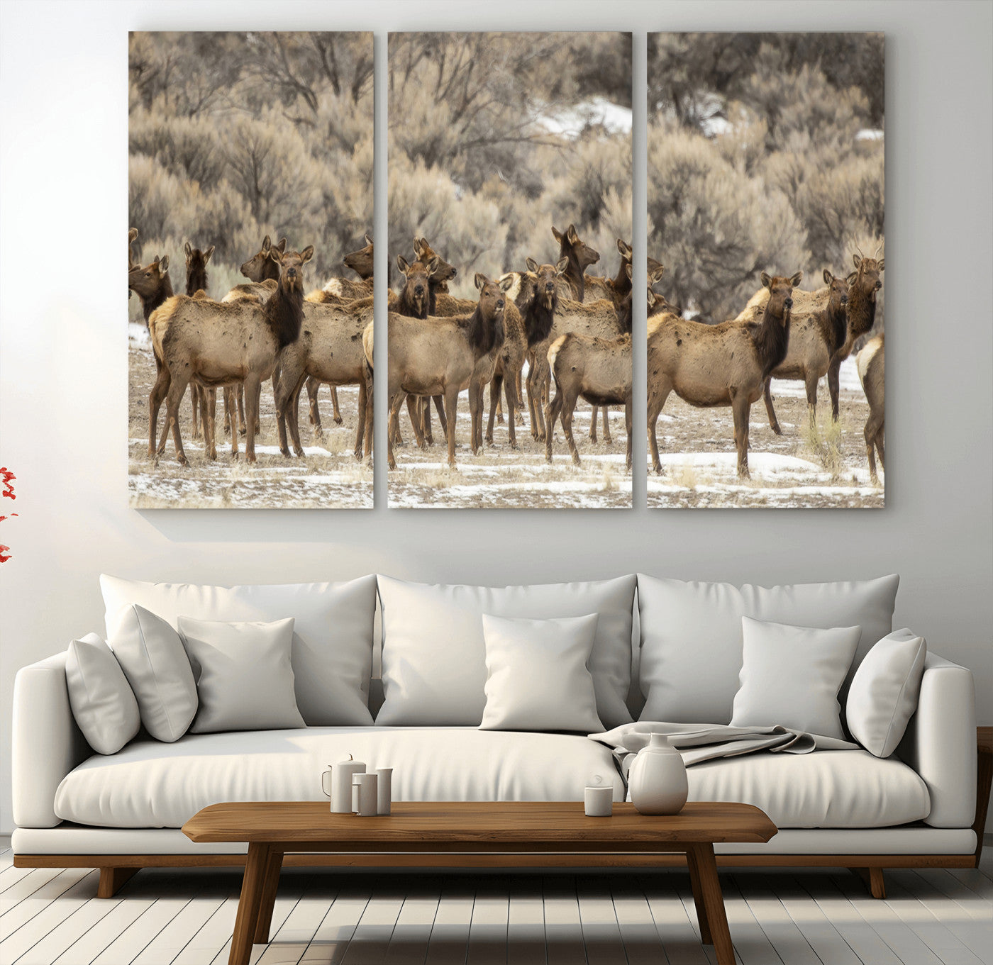 A large herd of elk standing in an open field with soft earthy tones, ideal for rustic lodge or western-themed home wall decor.