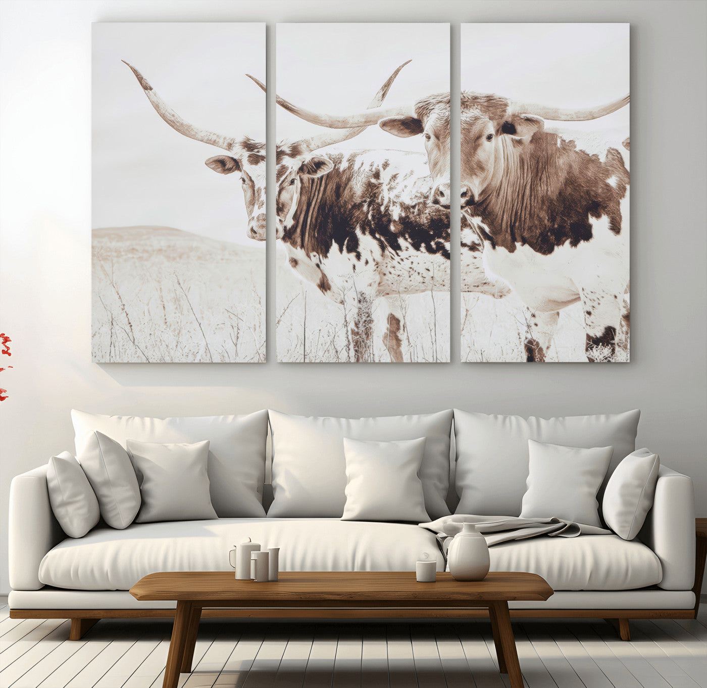 Two longhorn cows standing in a sepia-toned pasture with soft light, ideal for rustic or farmhouse-themed neutral wall decor.
