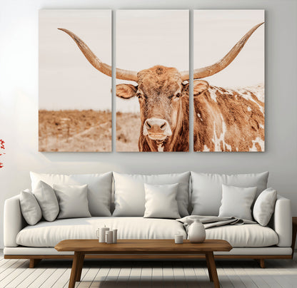 A longhorn bull standing proudly in a sunlit desert field with warm neutral tones, ideal for rustic western or farmhouse interiors.