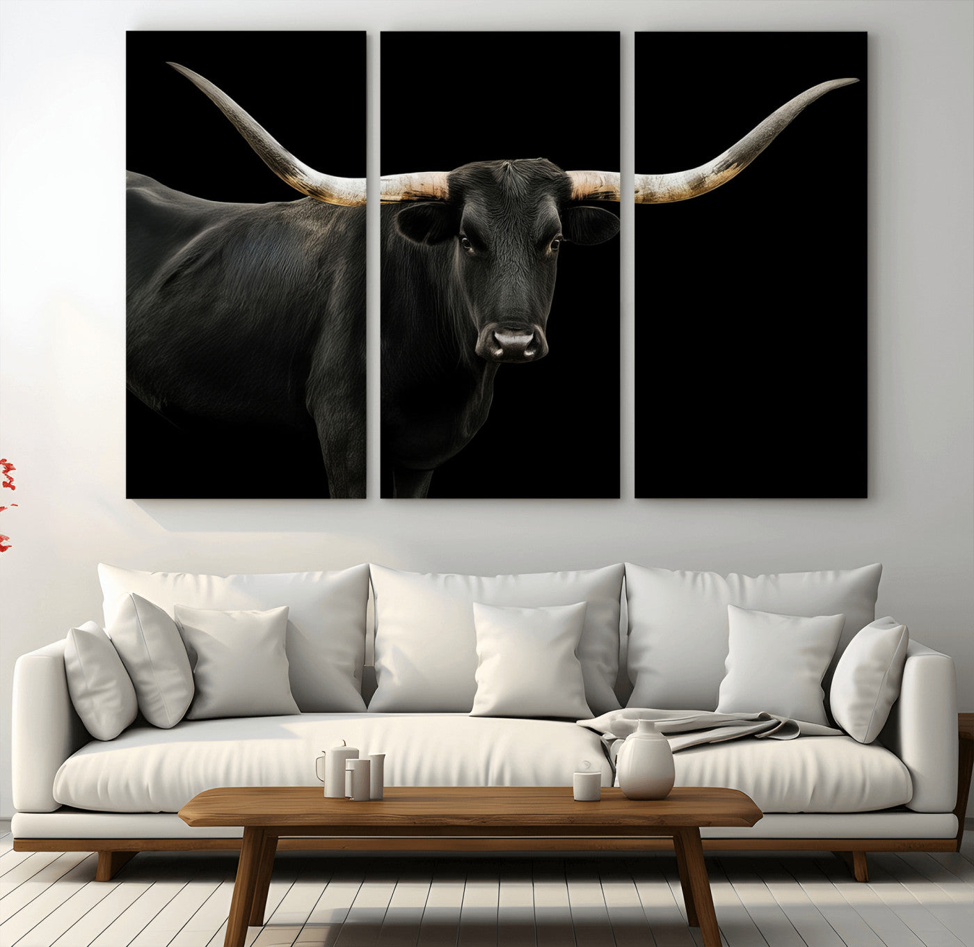 Close-up of a black Texas longhorn with large curved horns on black background, ideal for rustic farmhouse or modern western interiors.