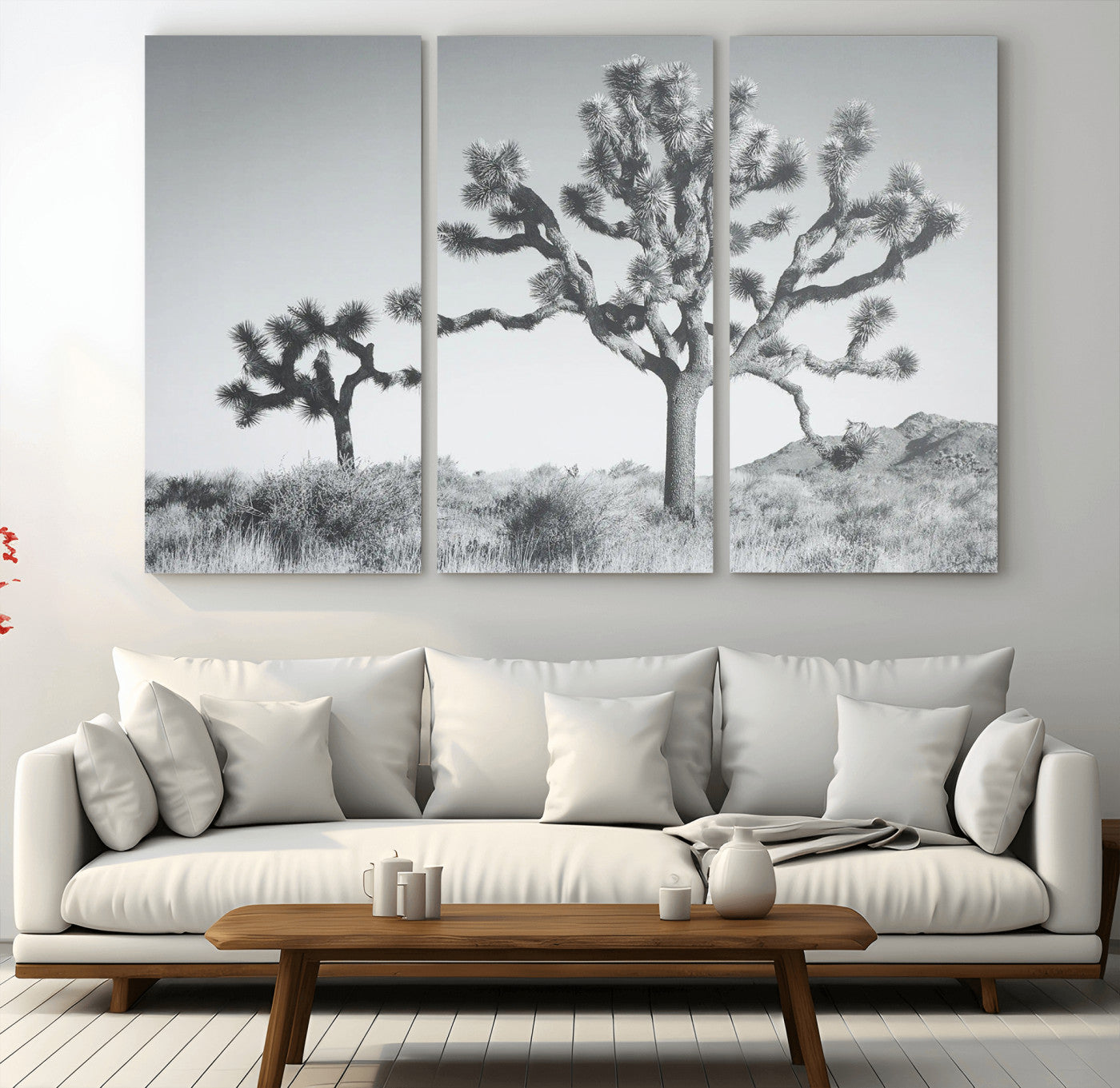 Black and white Joshua tree in a desert landscape with soft light and dry brush, perfect for rustic or minimalist home decor.