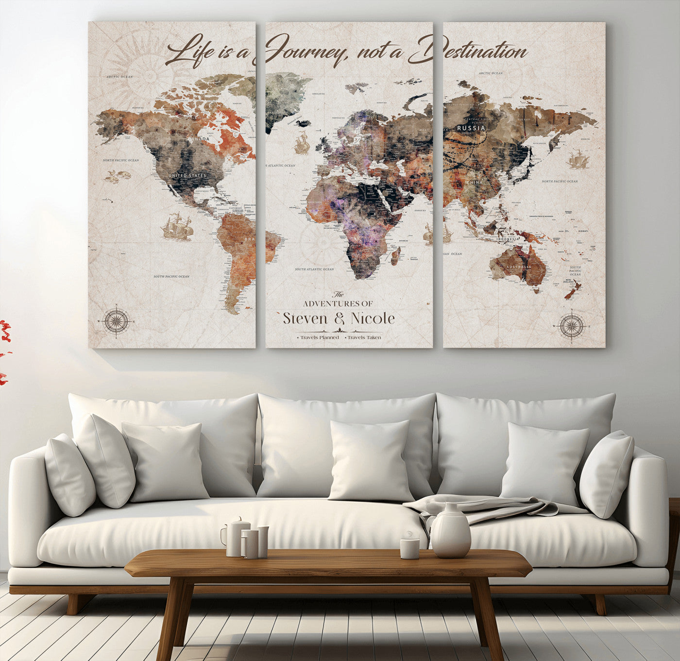96000140-MGV-CV-48X32-3P-Canvas Travel Map with Pins – Framed Wall Art to Track Countries and Cities, Beautiful World Map in Rustic Old Style for Decoration - H14