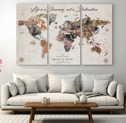 96000140-MGV-CV-48X32-3P-Canvas Travel Map with Pins – Framed Wall Art to Track Countries and Cities, Beautiful World Map in Rustic Old Style for Decoration - H14