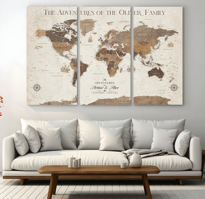84483613-MGV-CV-48X32-3P-Custom Push Pin World Map Wall Canvas Print – Personalized Travel Tracker with Pins – Framed Large Multi-Size Canvas for Home Office Decor