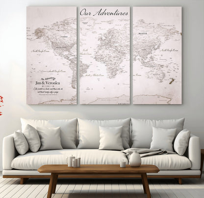 Customize Push Pin World Map Wall Canvas Print – Personalized Travel Map with Foam Pins – Framed Custom Quotie Canvas for Home Office Decor
