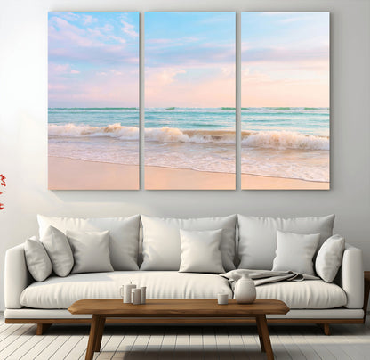 A peaceful beach scene with soft pastel skies, gentle waves washing up on the sandy shore, creating a calm and serene ocean view.