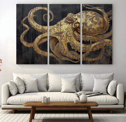 A detailed gold illustration of an octopus on black wooden planks, showing its intricate tentacles and textured skin in an artistic style.